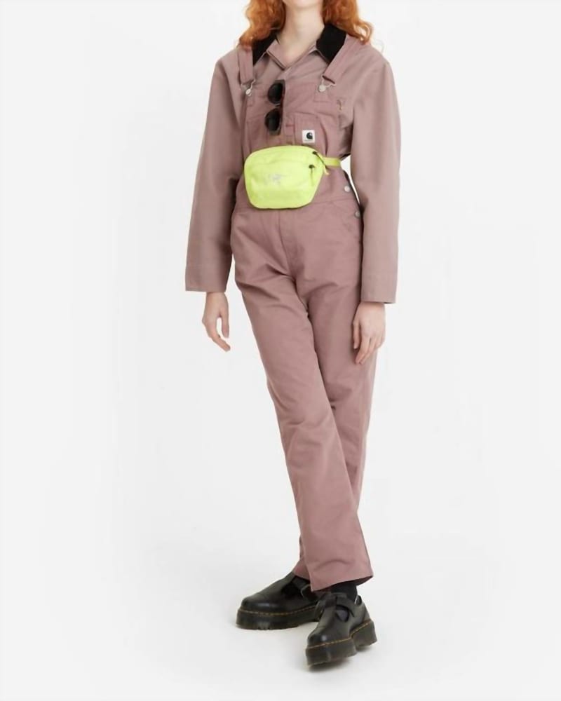 Front of a model wearing a size Large Women'S Bib Overall Straight Leg In Lupinus in Lupinus by carhartt. | dia_product_style_image_id:356173